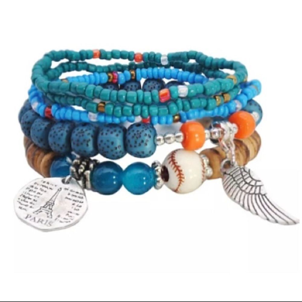 Boho Stackable Beaded Charm Bracelet Set Turquoise Silver Charms Layered Jewelry
